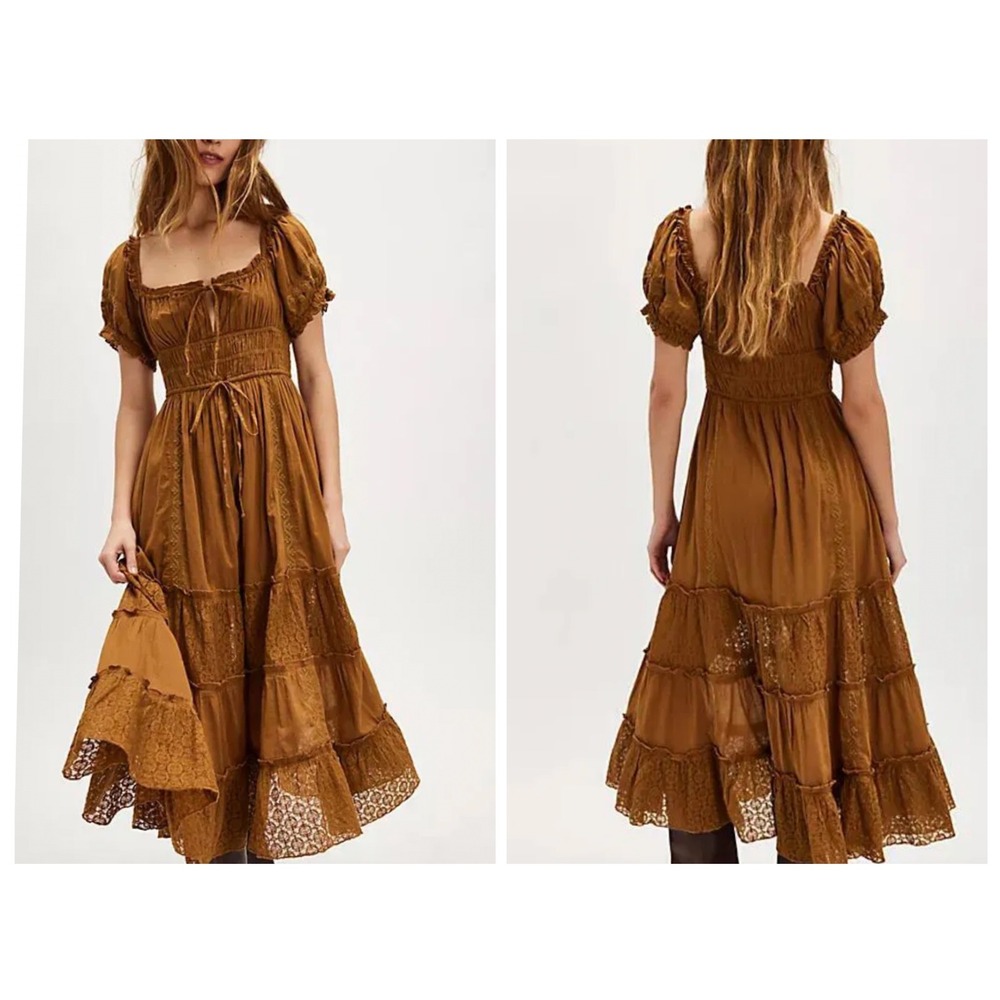 Free People Dahlia Maxi Dress Brown Cotton Lace Smocked Tiered Boho Small